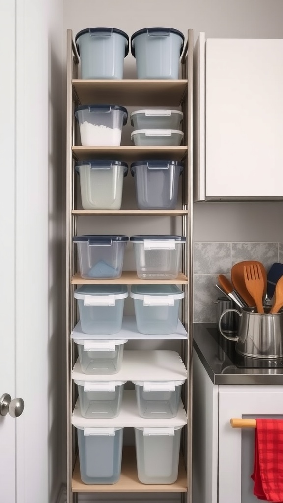 A vertical storage shelf with various food storage containers arranged neatly.