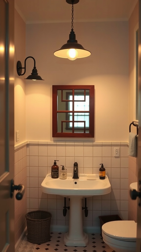 A vintage-style bathroom with pendant lighting and wall sconces, featuring a sink and mirror.