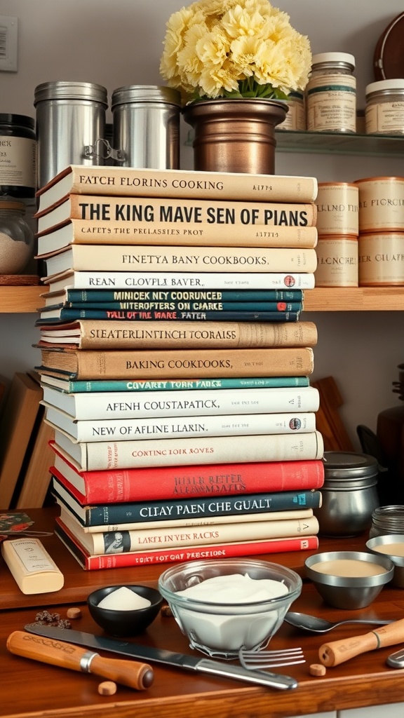 A collection of vintage cookbooks stacked on a wooden table with kitchen utensils.