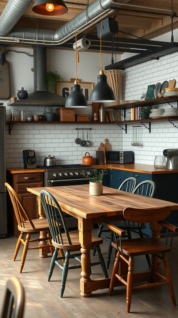 A cozy industrial kitchen featuring a wooden table surrounded by vintage-style chairs.