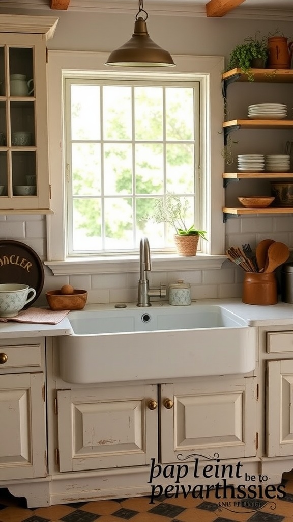 A vintage farmhouse sink in a cozy bathroom with wooden cabinets and natural light.