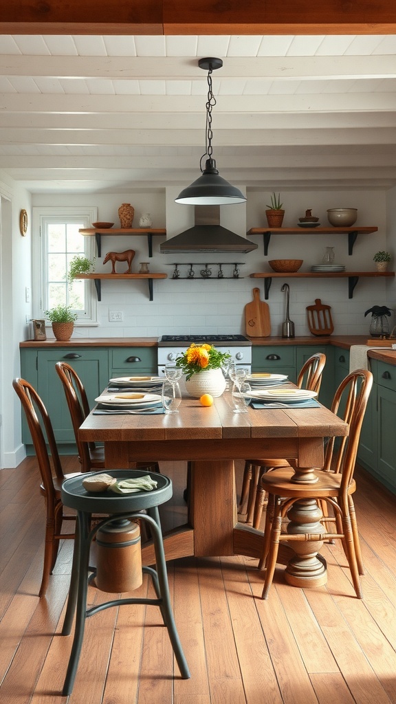 A vintage farmhouse kitchen featuring a wooden table surrounded by chairs, with open shelves displaying rustic decor.