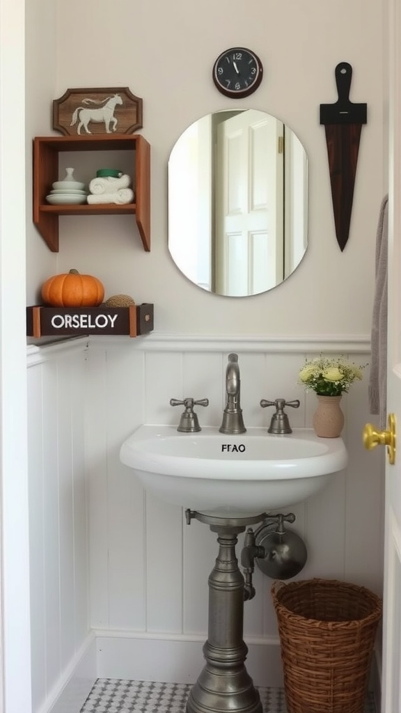 A small rustic bathroom featuring a vintage pedestal sink, wooden shelves, and charming decor.