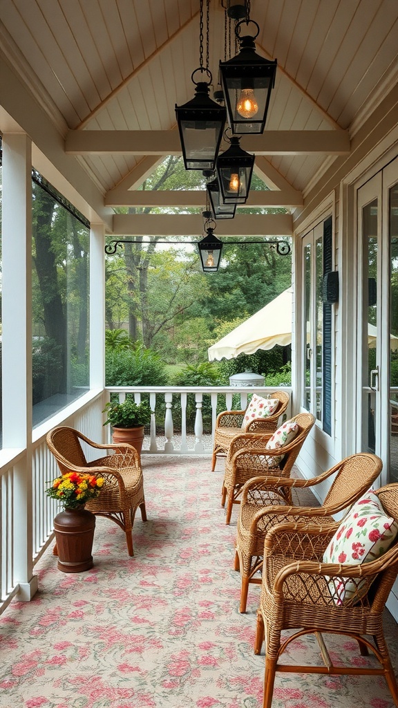A vintage styled screened porch with wicker chairs, floral cushions, and hanging lanterns.