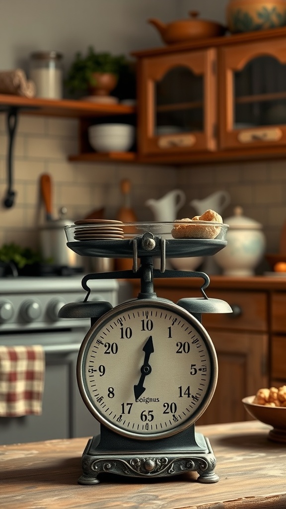 A vintage kitchen scale with a round face and two bowls, placed on a wooden countertop in a rustic kitchen.