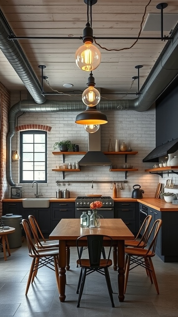 A stylish industrial kitchen with vintage lighting fixtures and a wooden dining table.