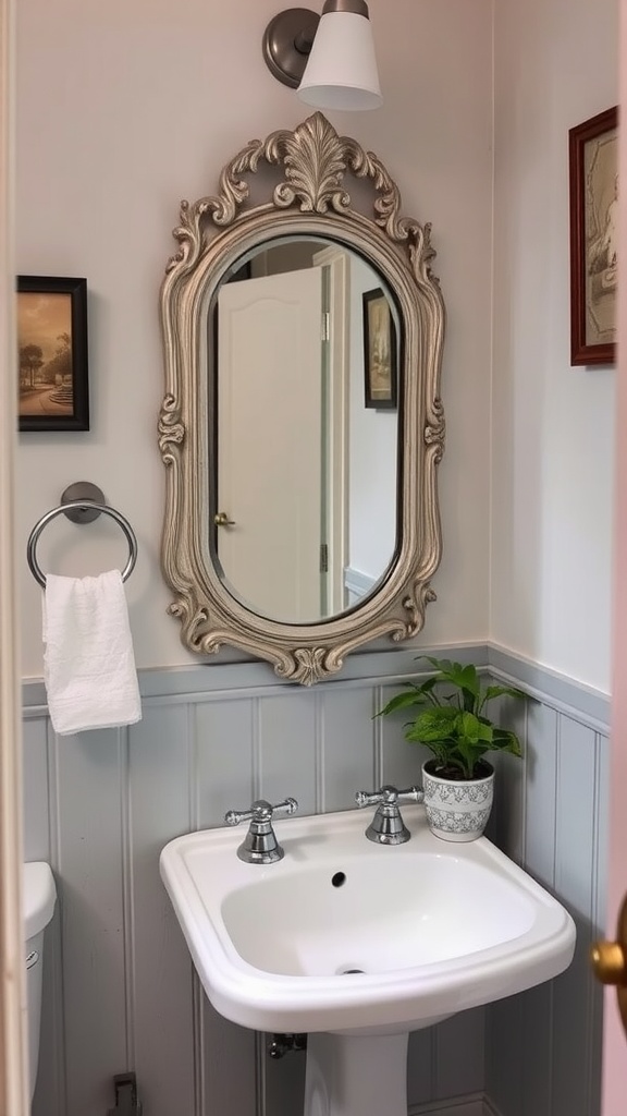A vintage mirror with an ornate frame hangs above a white sink in a stylish bathroom.