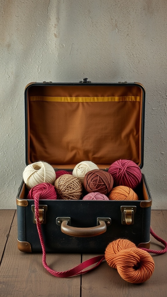 A vintage suitcase filled with colorful yarn balls, sitting on a wooden surface.