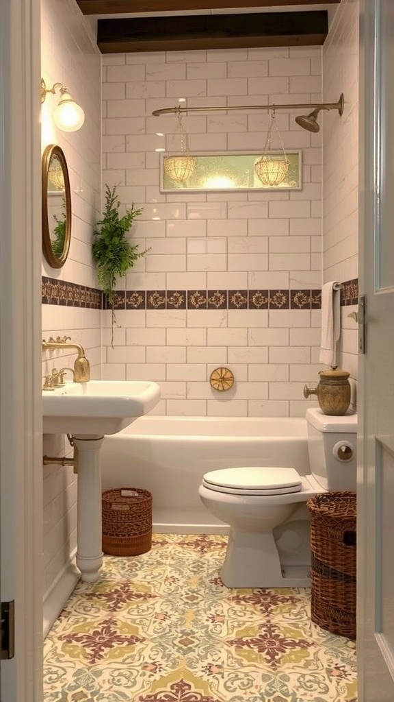 A small rustic bathroom featuring vintage tile patterns on the floor and white subway tiles on the walls.