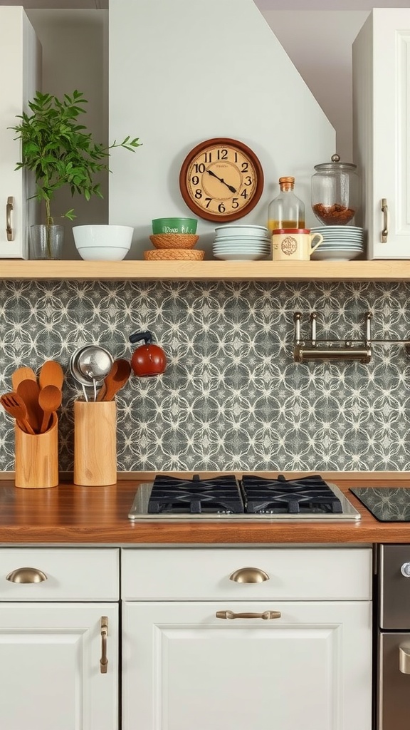 A kitchen with a vintage tin panel backsplash, wooden shelves, and various kitchen items.