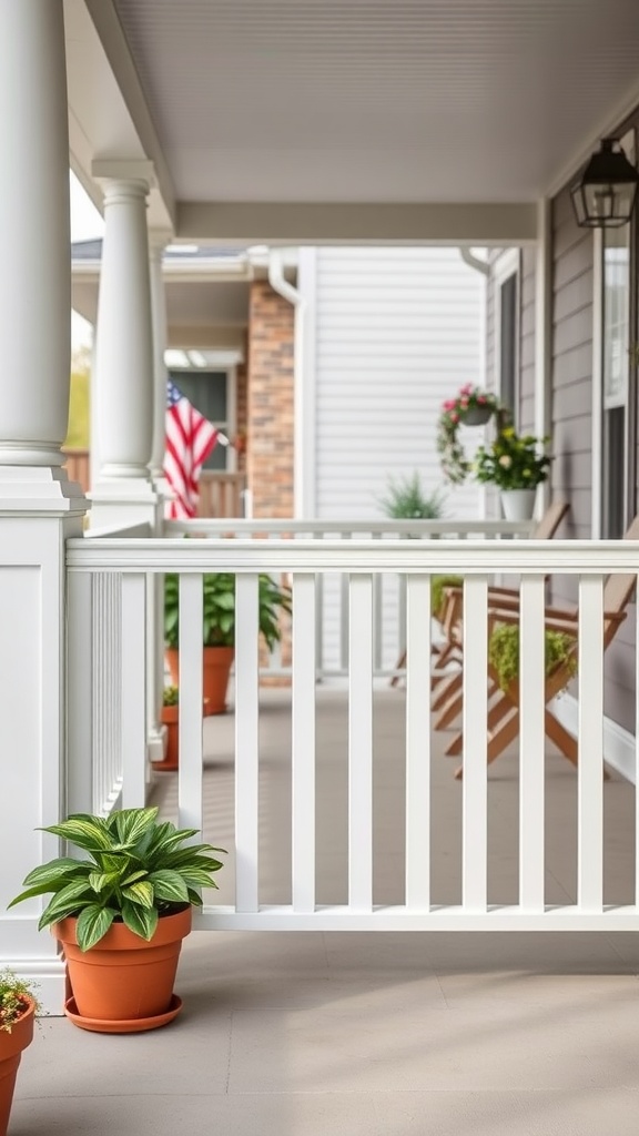 A view of a front porch featuring a white vinyl railing, potted plants, and wooden chairs.