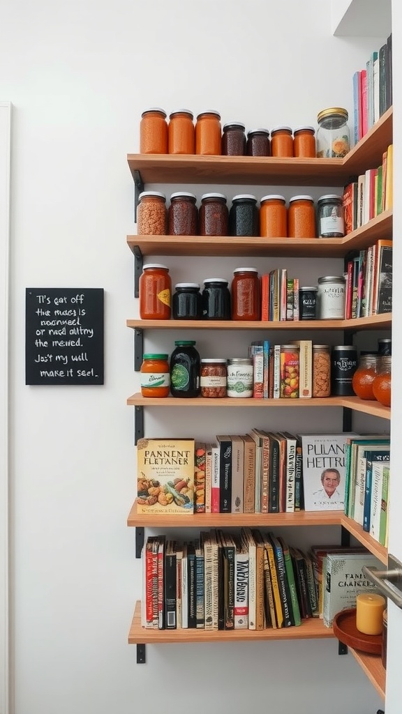 A wall-mounted shelf unit displaying jars of food and cookbooks in a pantry.