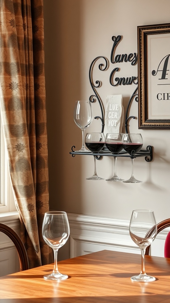 Wall-mounted wine glass holder with decorative script and wine glasses