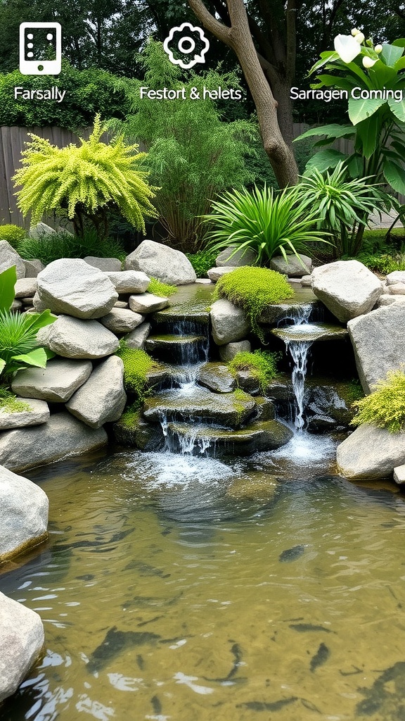 A serene backyard water feature with cascading waterfalls surrounded by lush plants and rocks