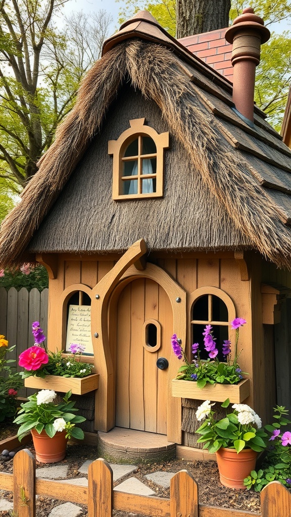 A whimsical fairy tale cottage with a thatched roof, wooden walls, and colorful flowers in window boxes.