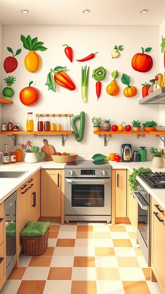 A kitchen featuring whimsical fruit and vegetable wall art.