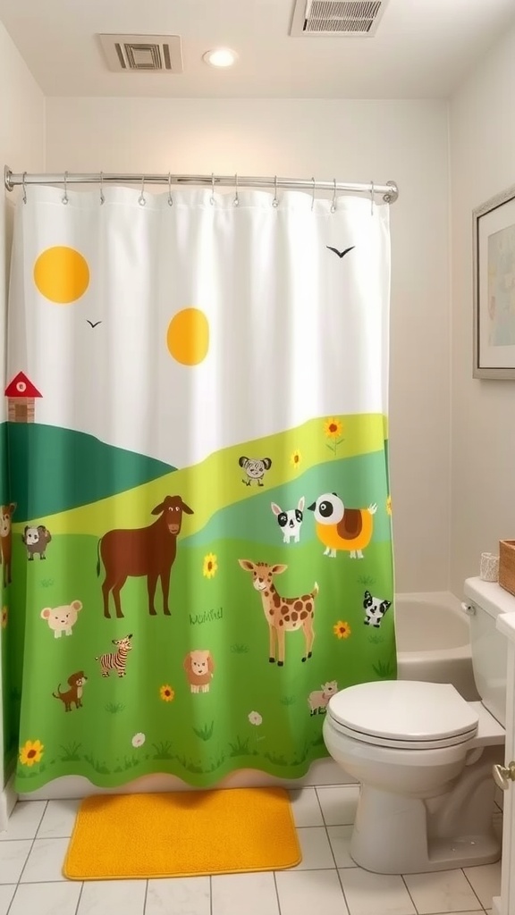 A colorful shower curtain featuring playful animals and a sunny landscape in a bathroom.
