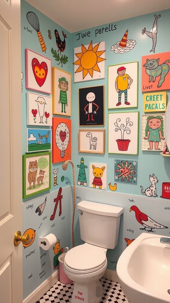 A colorful bathroom wall decorated with playful illustrations and art, featuring animals, sun, and vibrant characters.