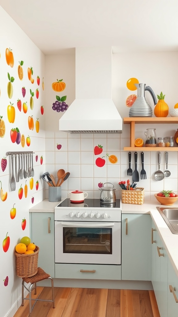 A vibrant kitchen with colorful fruit and utensil wall stickers on white walls, showcasing a cheerful and lively atmosphere.