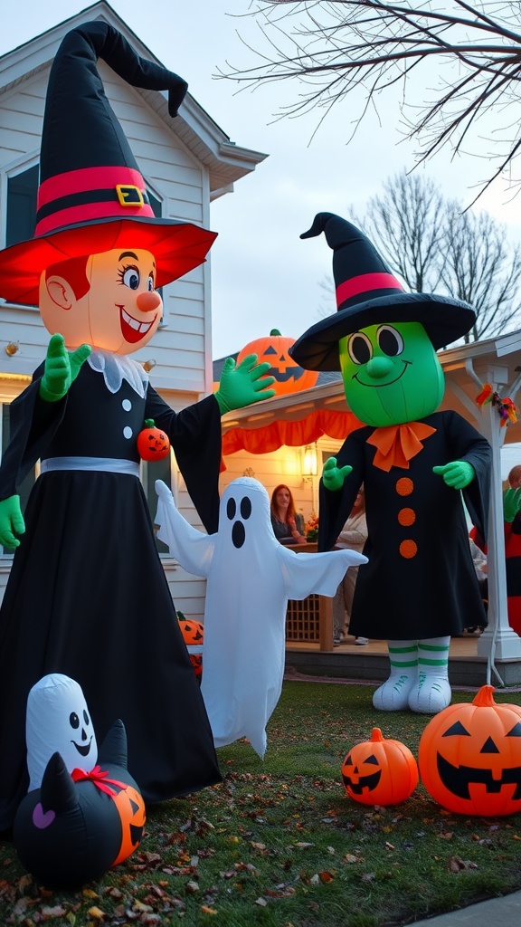 Two large inflatable witches and a ghost on a front porch, surrounded by Halloween pumpkins.