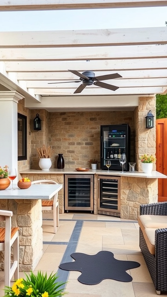 An outdoor kitchen patio featuring a wine fridge, stone walls, and a cozy dining area.