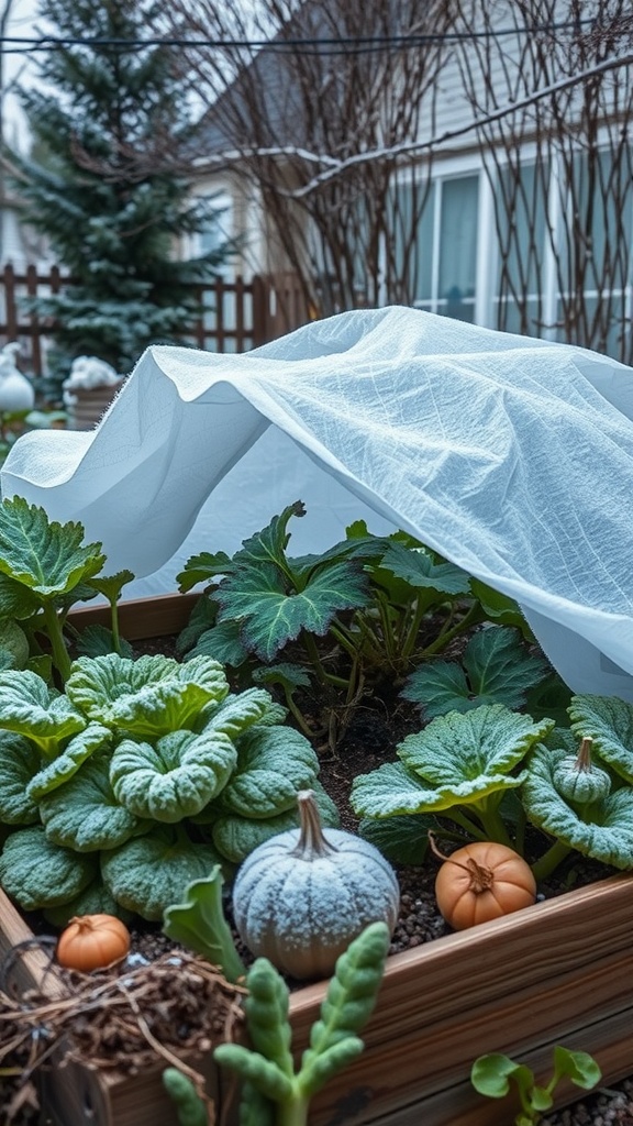 A winter vegetable garden with leafy greens and pumpkins covered by a protective layer