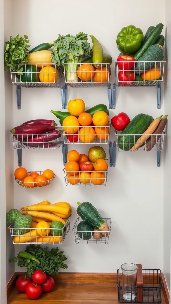 Colorful wire baskets filled with fruits and vegetables in a pantry.