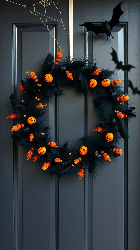 A Halloween-themed wreath with black and orange colors, featuring pumpkins and decorative elements