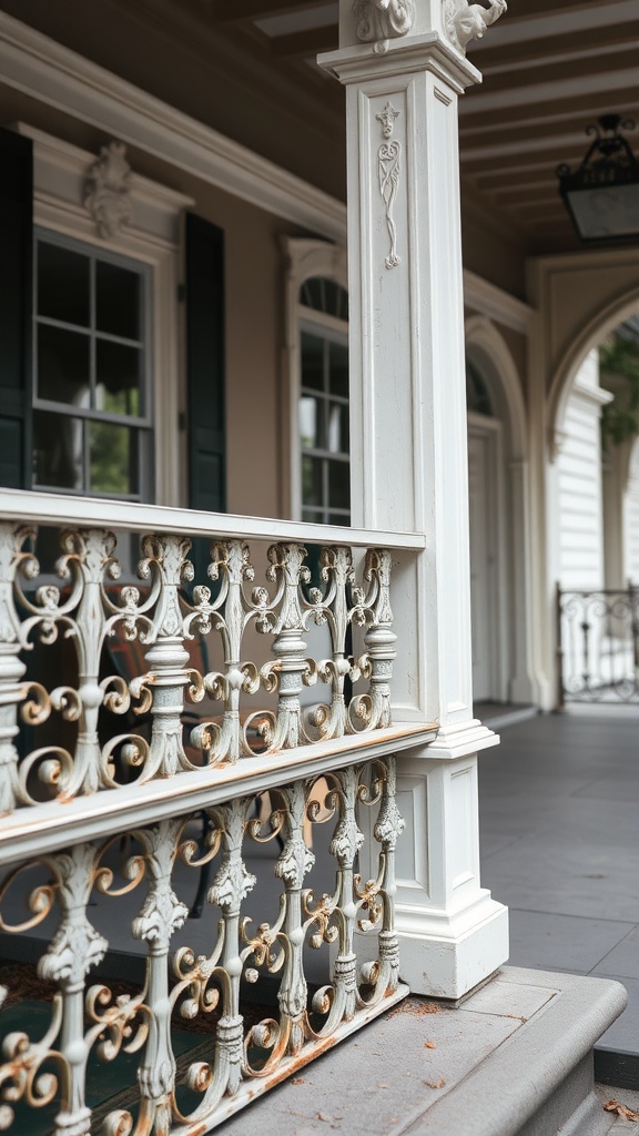 A detailed view of a wrought iron railing with intricate designs on a front porch.