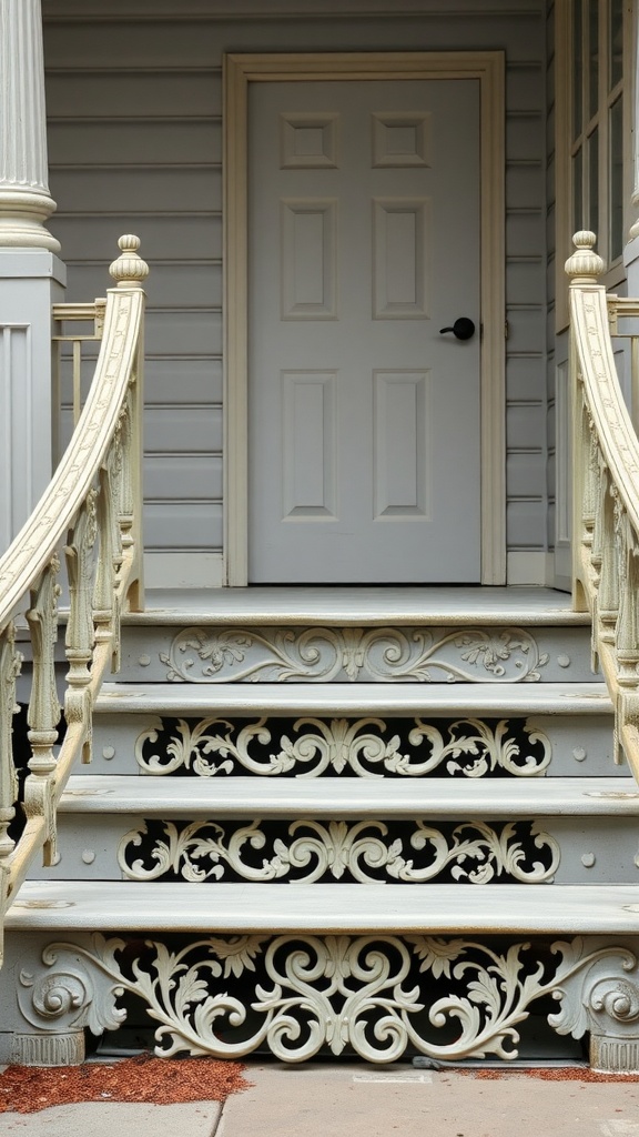 Wrought iron porch steps with intricate designs leading to a door