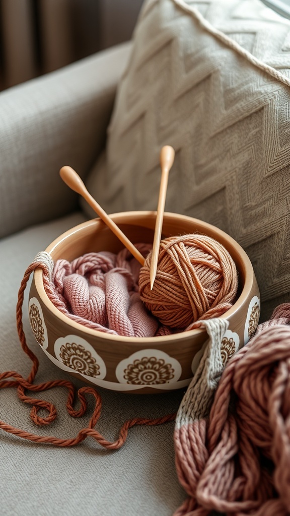 A decorative yarn bowl with various yarn colors and crochet hooks, set on a cozy couch.