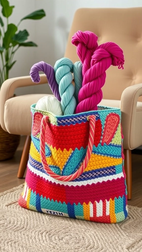 Colorful yarn tote filled with various yarns, displayed next to a chair in a cozy setting.