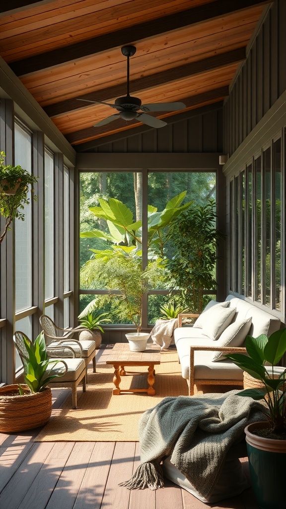 A cozy screened porch with a wooden ceiling, comfortable seating, and potted plants, creating a serene atmosphere.