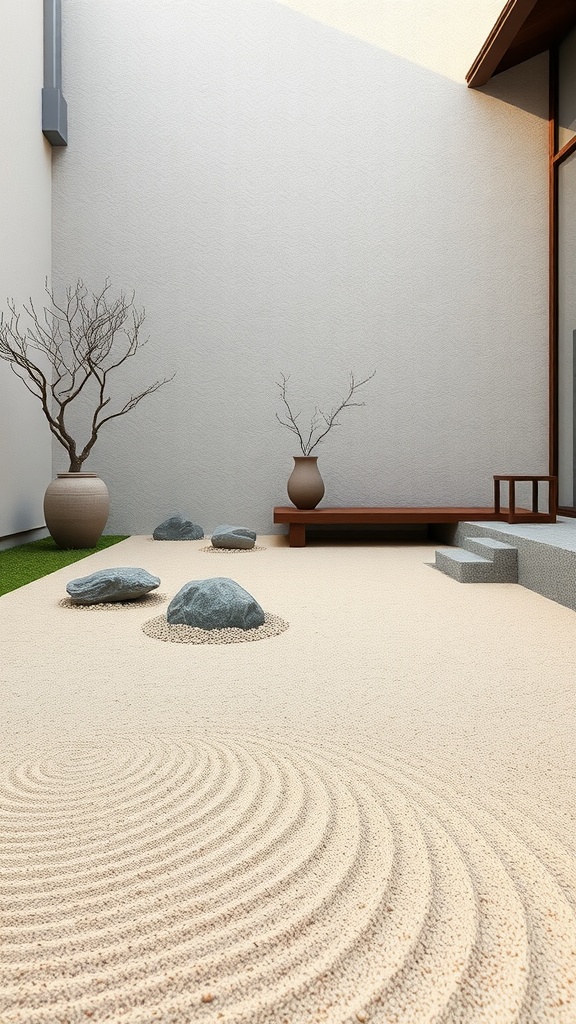 A Zen garden featuring raked sand, rock features, and minimalistic plants.