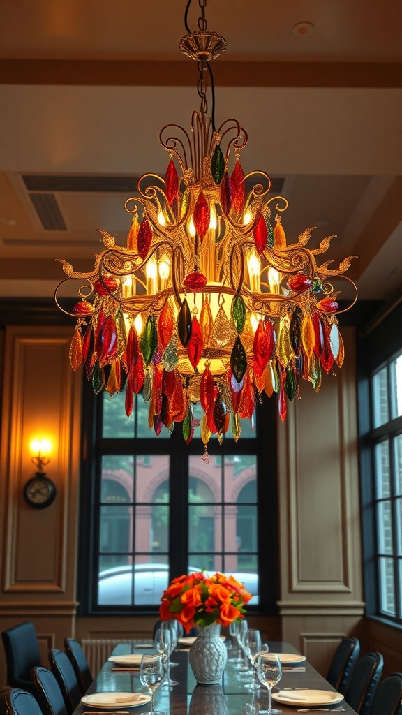 A colorful chandelier with red, green, and gold elements hanging above a dining table with flowers and glassware.