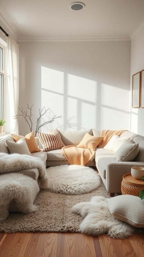 A cozy small living room with a light sofa, soft cushions, a fluffy rug, and natural light.