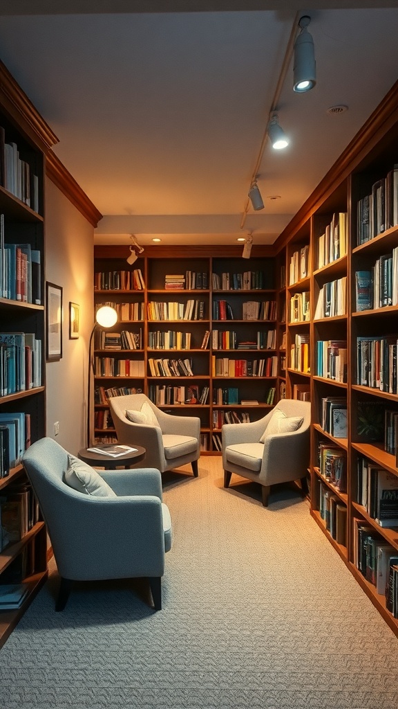 Cozy mini library with bookshelves and comfortable reading chairs