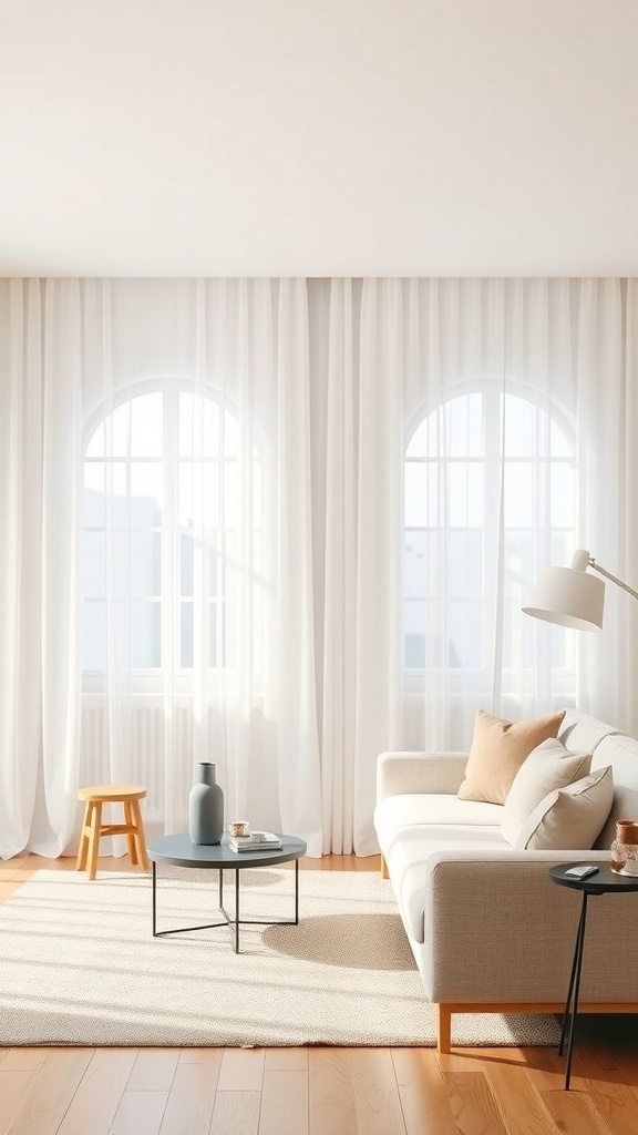 A minimalist living room with large windows dressed in sheer white curtains, a light-colored sofa, and a small coffee table.