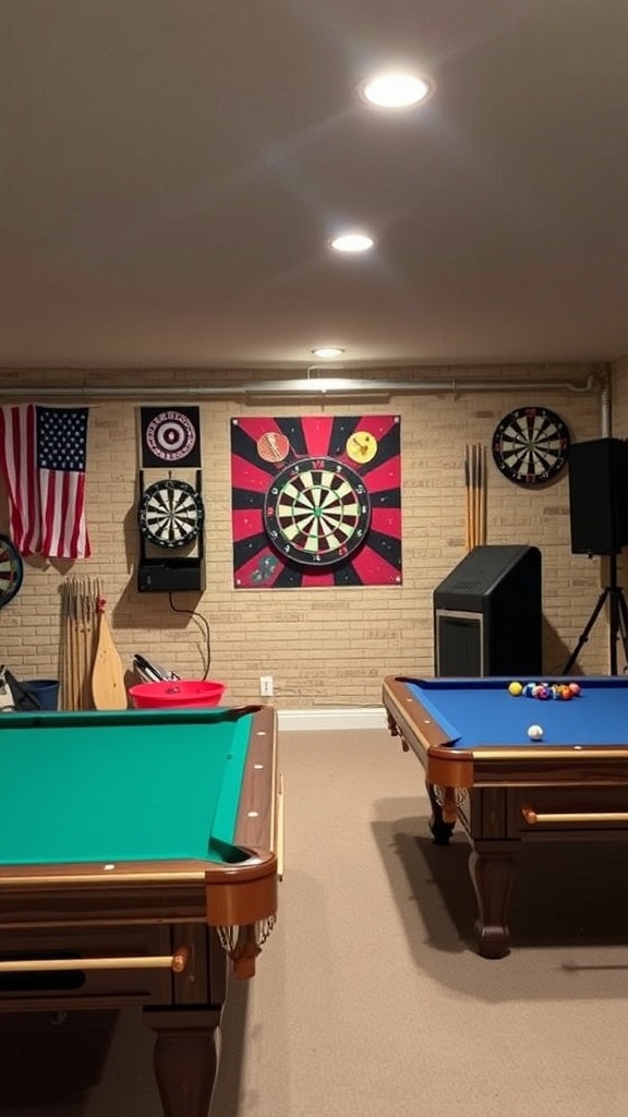A cozy basement game room featuring a pool table and dartboard with bright lighting and wall decorations.