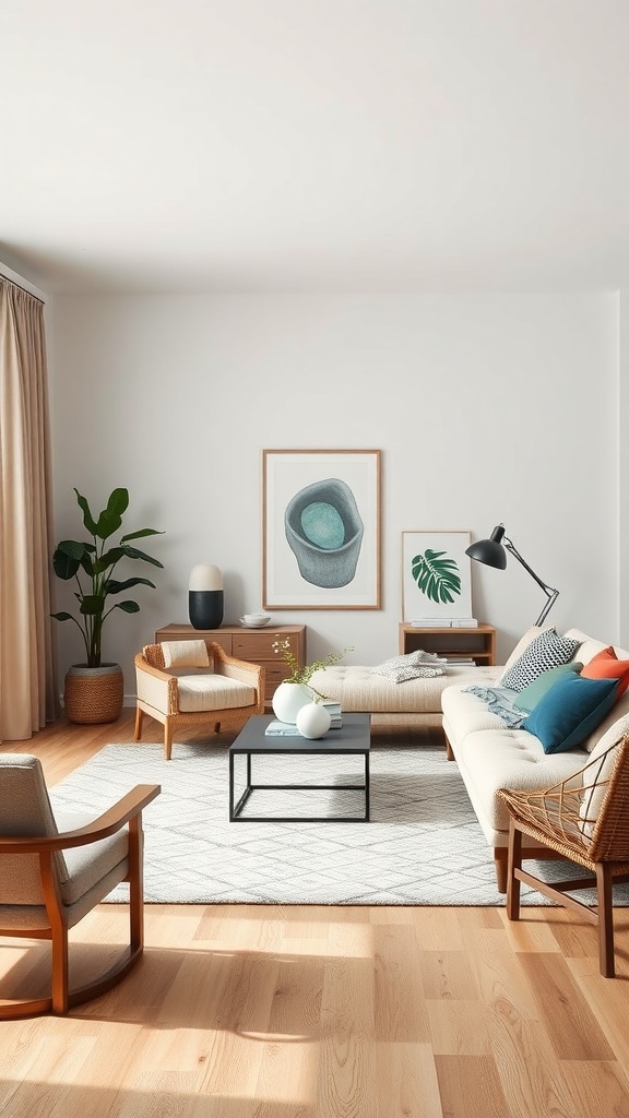 A minimalist living room featuring light wood flooring, neutral walls, a cozy sofa, accent chairs, and decorative art.