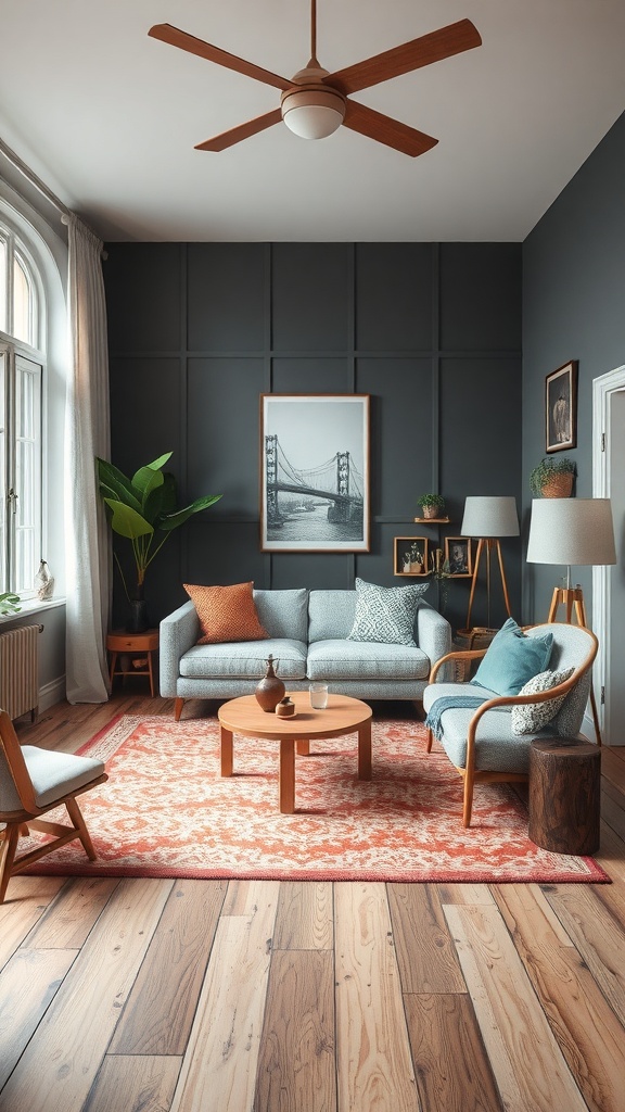 A cozy living room featuring a mix of styles with a dark wall, light wooden floor, and eclectic furniture.