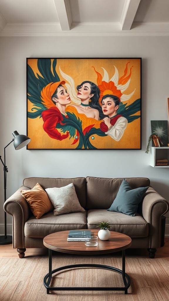 A cozy living room featuring a brown sofa with colorful cushions and a vibrant artwork above it.