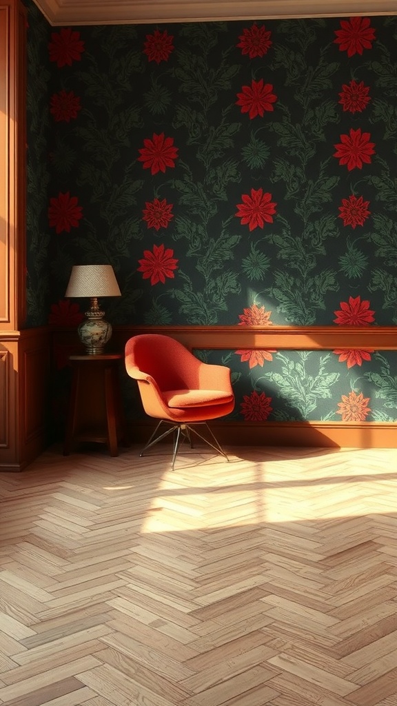 A cozy room featuring bold floral wallpaper with red flowers on a green background, an orange chair, and wooden flooring.