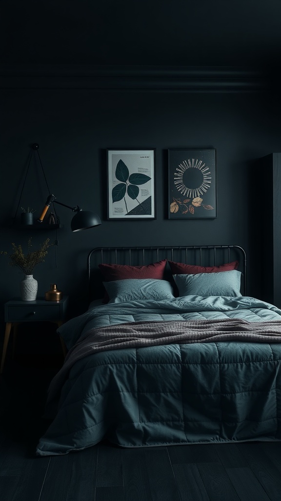 A cozy dark bedroom featuring a bed with teal bedding and burgundy pillows, dark walls, and botanical artwork.
