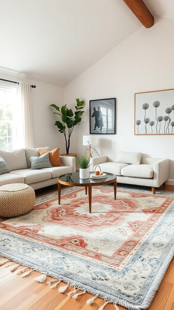 A cozy living room with a large graphic rug, light gray sofa, and wooden accents.