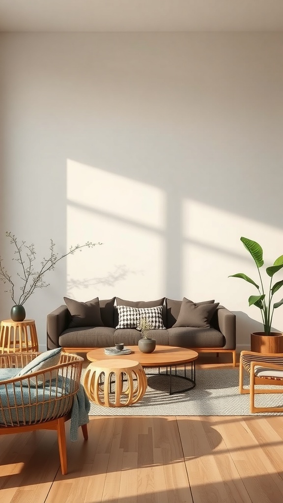 A minimalist living room featuring wooden furniture, soft textiles, and plants, showcasing sustainable material choices.