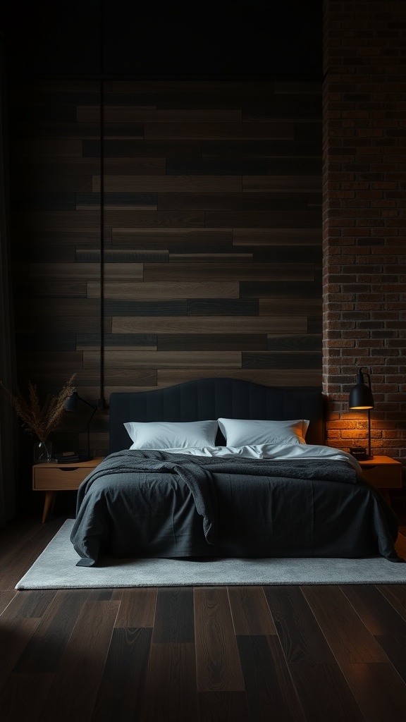 A cozy dark bedroom featuring a textured wooden wall and a brick wall, with a bed dressed in dark linens.