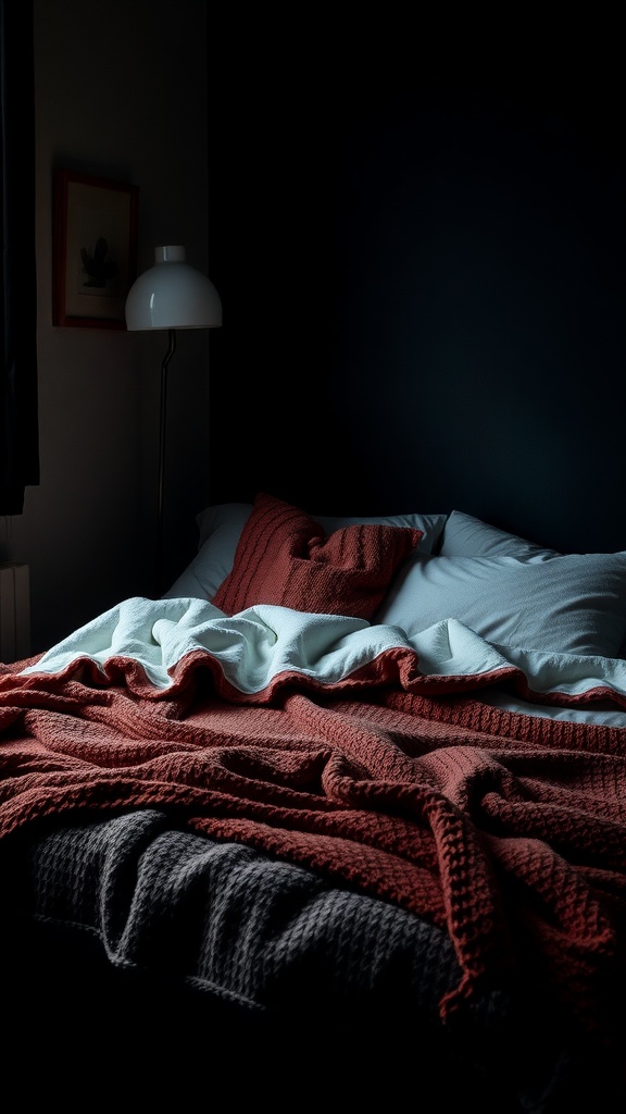 A cozy dark bedroom with layered textiles on the bed, featuring a deep red blanket and soft pillows.