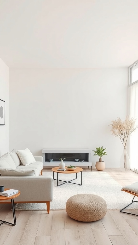 A minimalist living room featuring a neutral color palette with a light sofa, wooden tables, and plants.