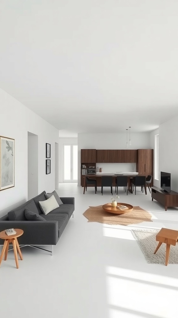 A minimalist living room with an open floor plan, featuring a gray sofa, wooden tables, and a kitchen area.